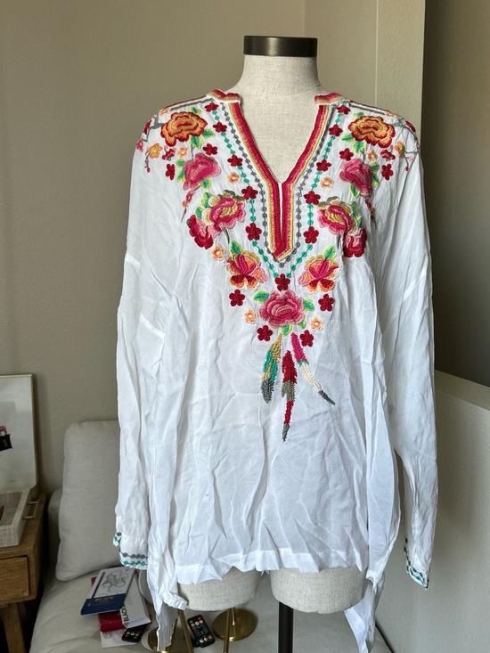 Johnny Was Tops - Johnny Was White Embroidered V-Neck Tunic with Multicolor Floral Detail